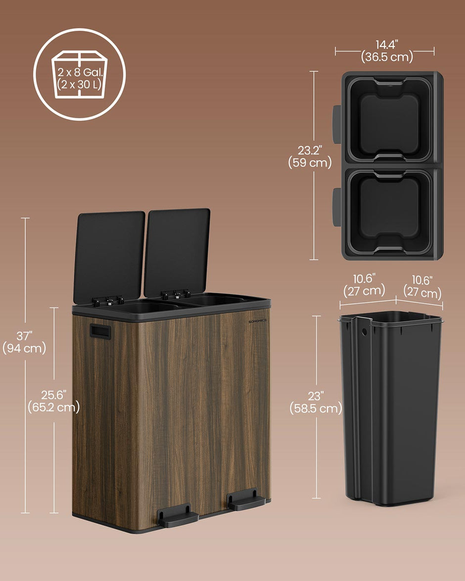 Dual Compartment Rubbish Bin – Stainless Steel & Plastic – Dark Walnut – 60L Capacity with Carry Handles