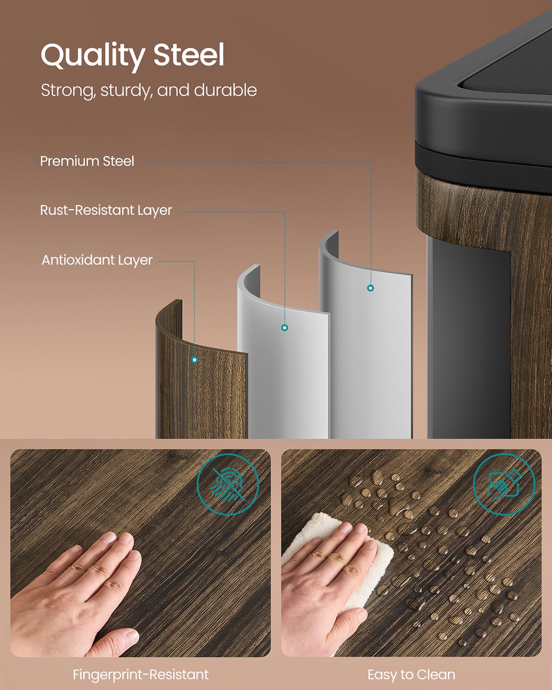 Dual Compartment Rubbish Bin – Stainless Steel & Plastic – Dark Walnut – 60L Capacity with Carry Handles