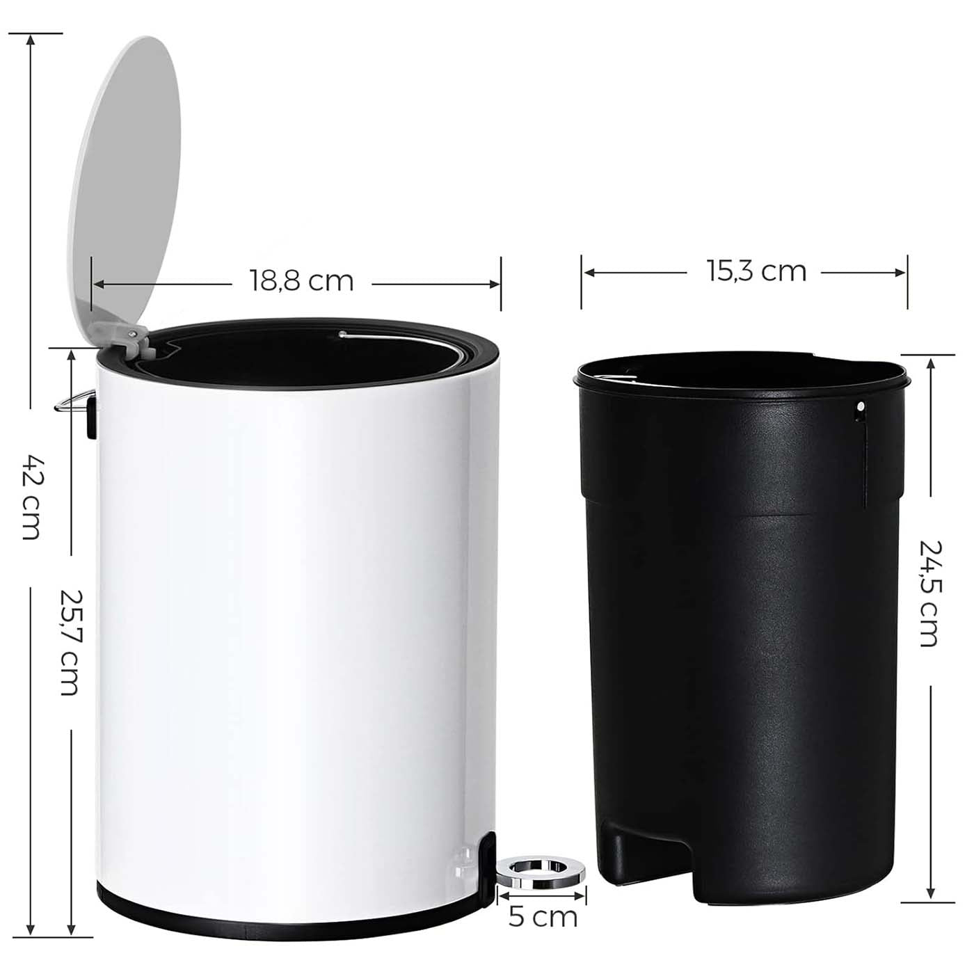 Bathroom Bin – Steel and Plastic – White – Pedal Design with ABS Lid