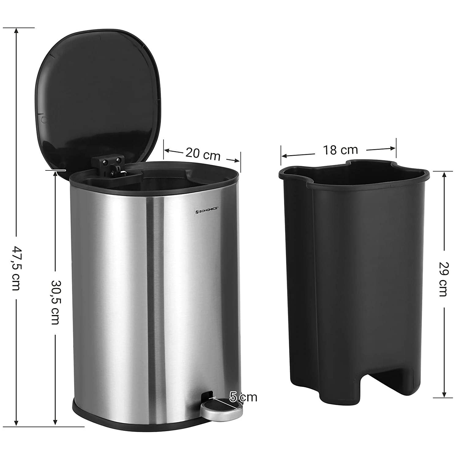 Step-Open Trash Can – Steel – Grey – 5L Capacity with Inner Bucket and Soft Closure