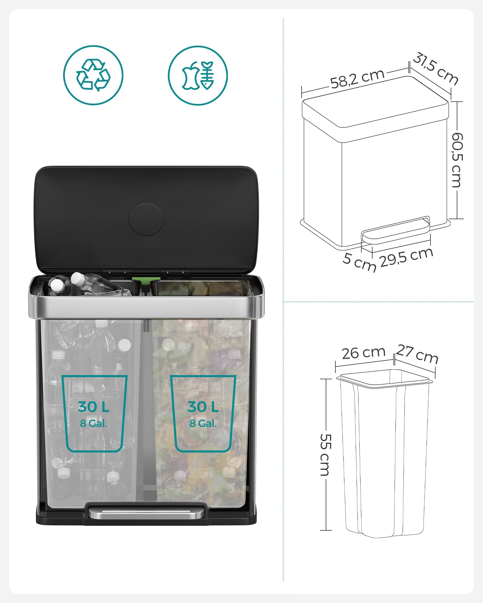 Stainless Steel Pedal Rubbish Bin Set – 30L – Silver – Soft Closure with Trash Bags