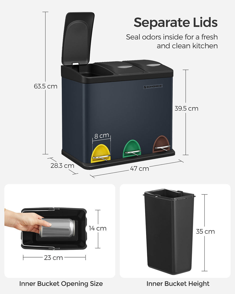 3-in-1 Rubbish Bin – Stainless Steel – Silver – 24 Litre Recycling Waste Separation System