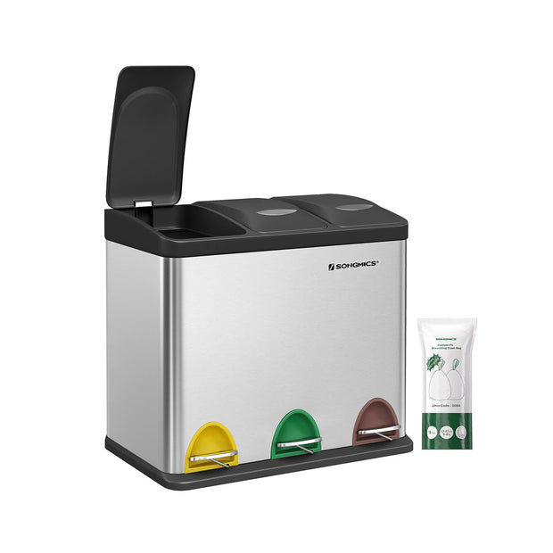 Rubbish Bin – Stainless Steel – Silver – 24 Litre with Pedal and Recycling Separation System