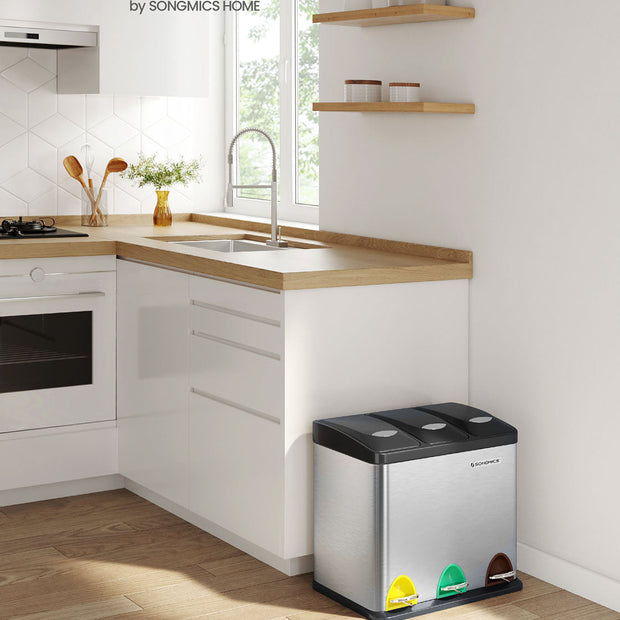Rubbish Bin – Stainless Steel – Silver – 24 Litre with Pedal and Recycling Separation System