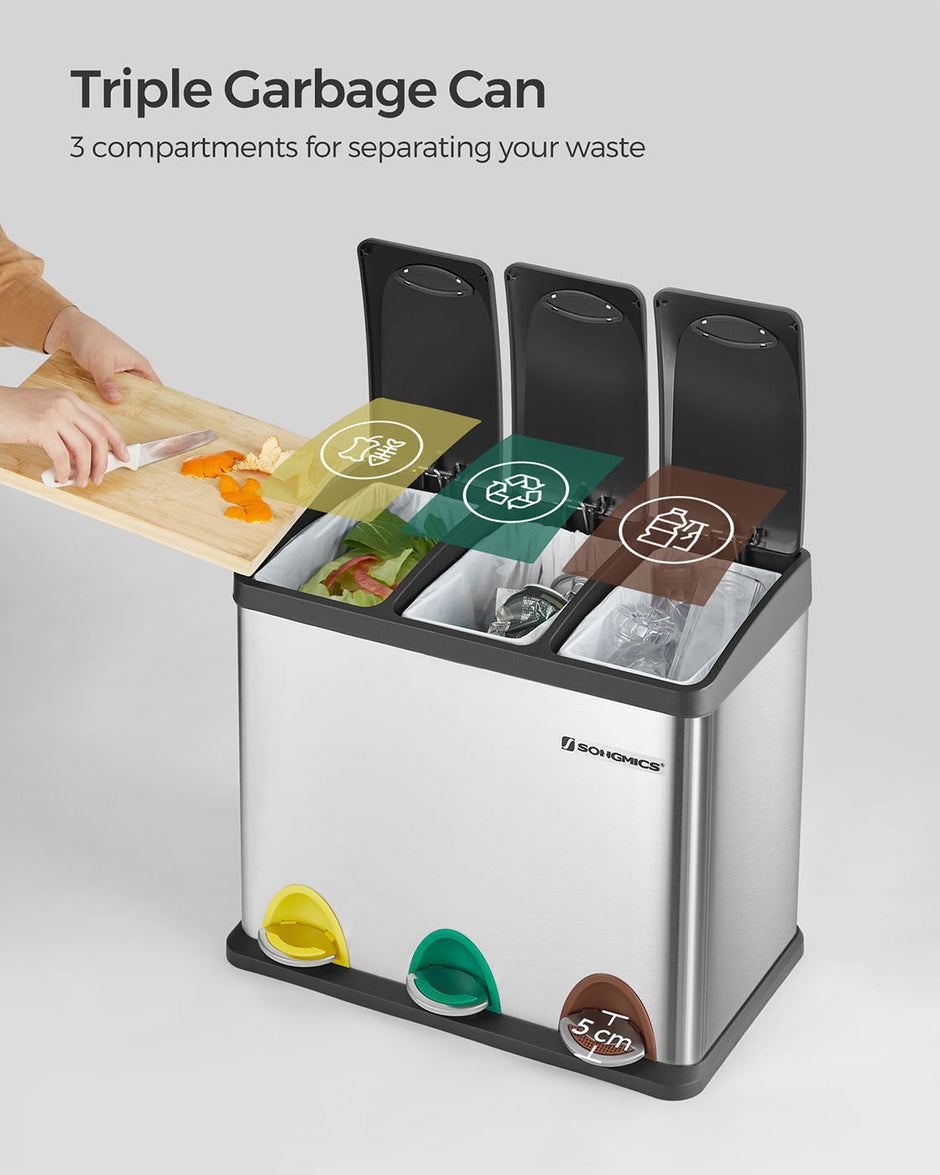 Rubbish Bin – Stainless Steel – Silver – 24 Litre with Pedal and Recycling Separation System