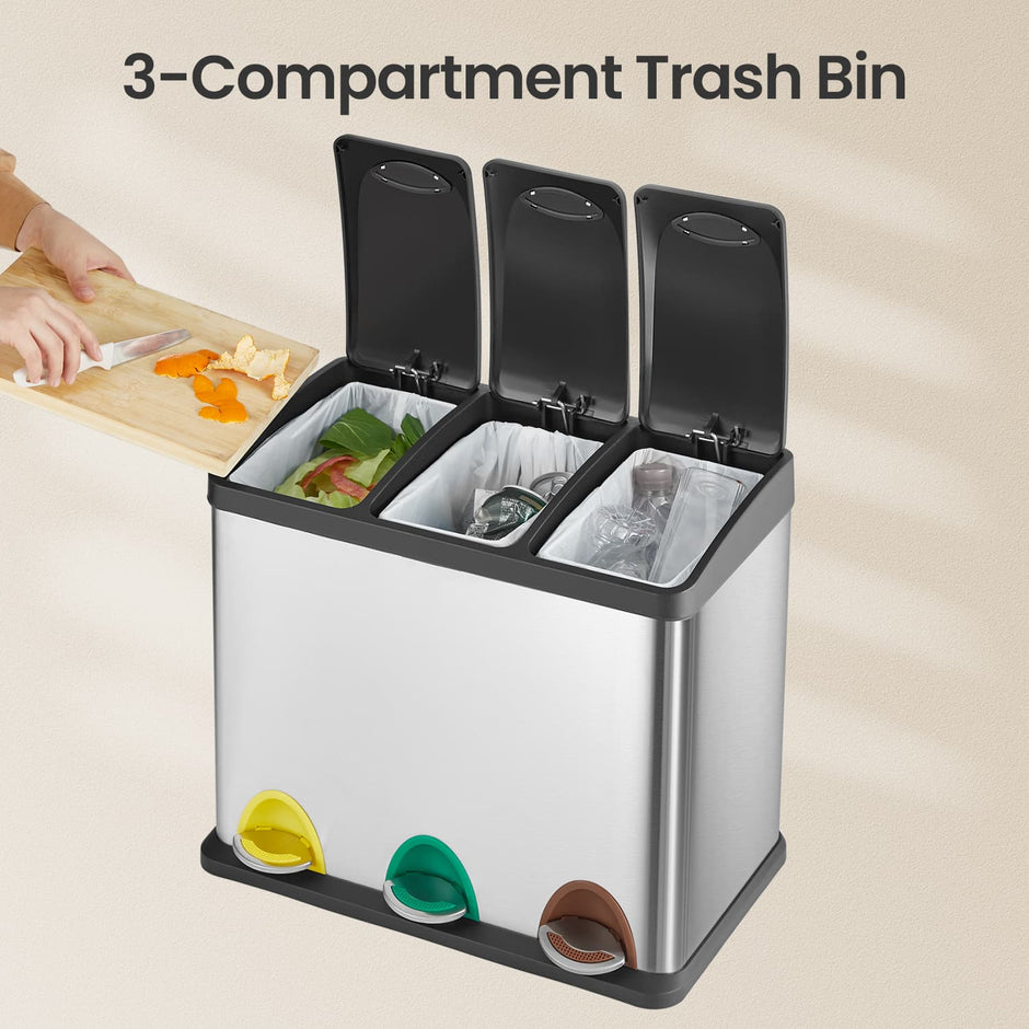 Metal Pedal Trash Bin – Silver – Set of 3 with Lids and Inner Buckets for Waste and Recycling