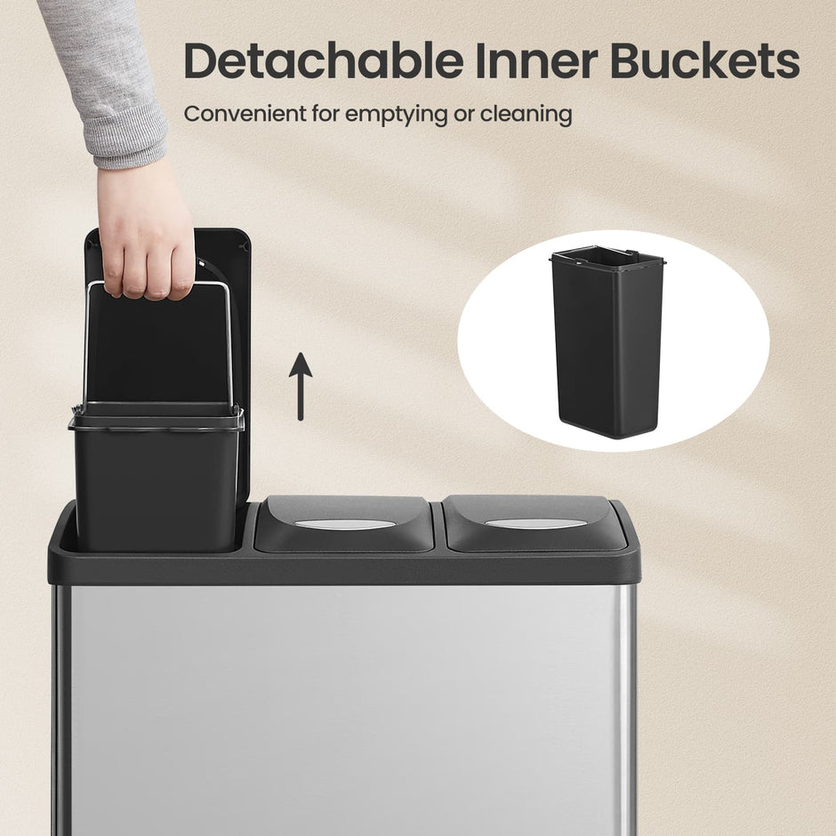 Metal Pedal Trash Bin – Silver – Set of 3 with Lids and Inner Buckets for Waste and Recycling