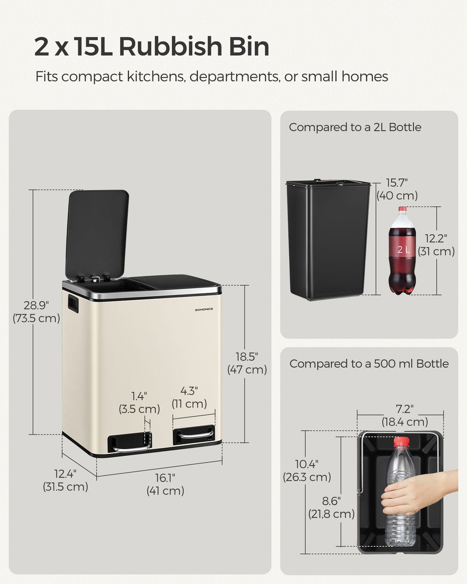 Kitchen Pedal Bin – Stainless Steel – Sand Beige and Ink Black – Dual Compartment 30L