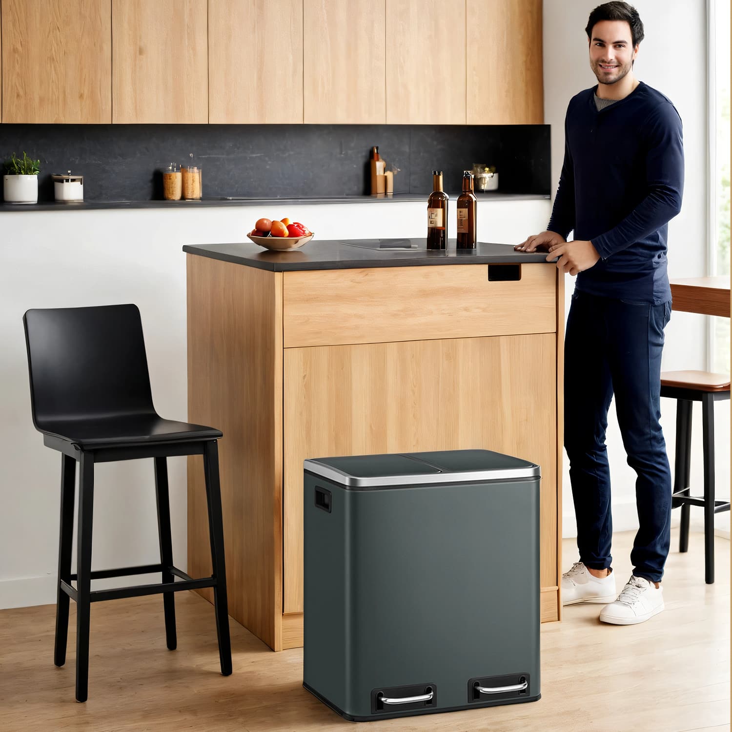 Double Kitchen Bin – Stainless Steel – Silver – Pedal Operation with Inner Classified Buckets