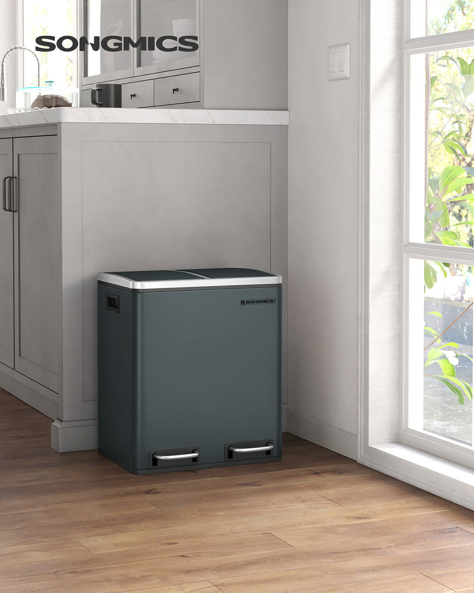 Trash Can – Stainless Steel – Silver – Dual Compartment 30L for Recycling