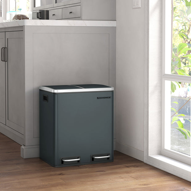 Trash Can – Stainless Steel – Silver – Dual Compartment 30L for Recycling