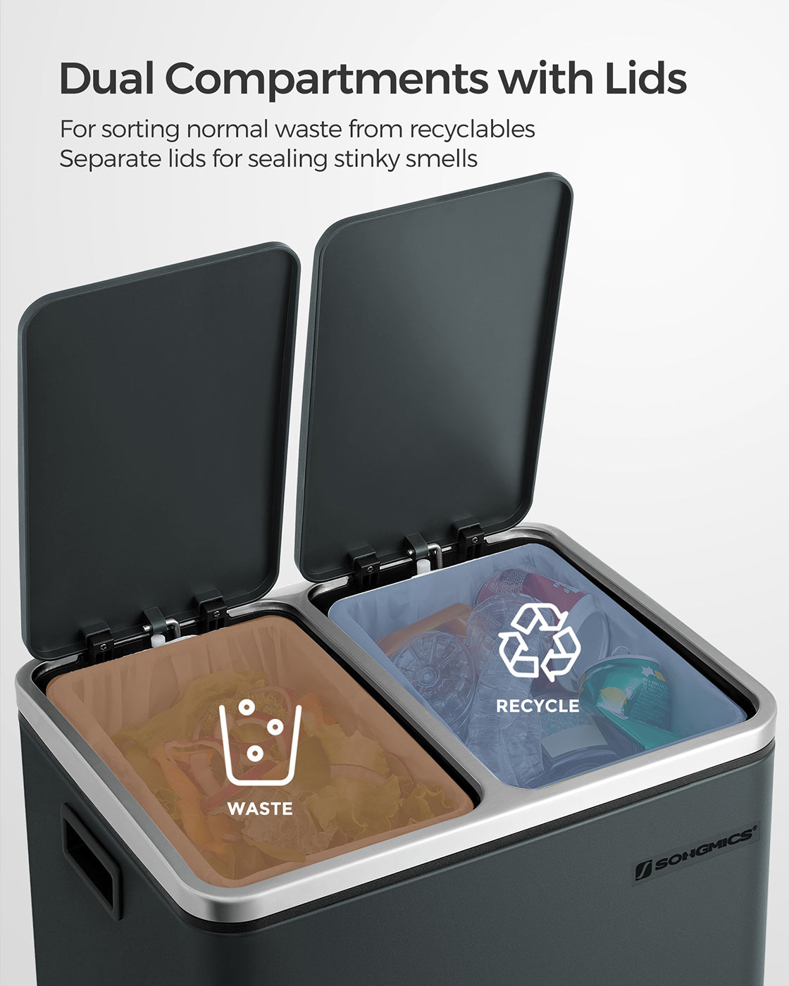 Trash Can – Stainless Steel – Silver – Dual Compartment 30L for Recycling
