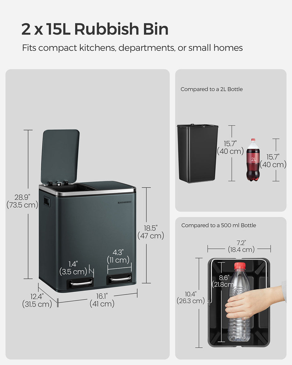 Trash Can – Stainless Steel – Silver – Dual Compartment 30L for Recycling