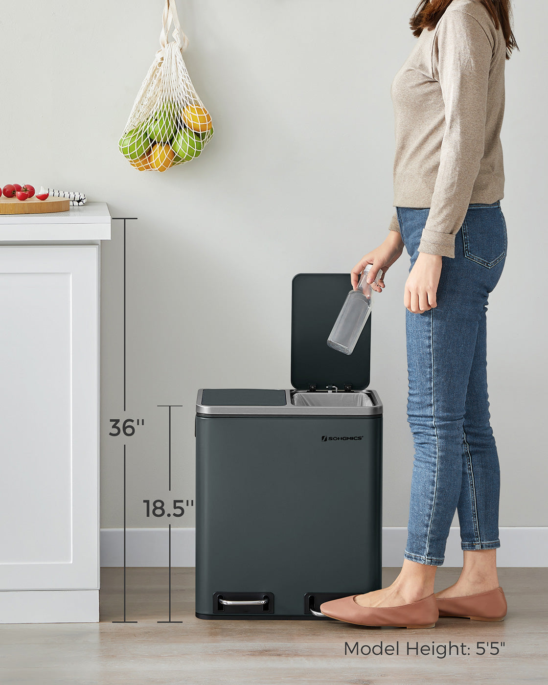 Trash Can – Stainless Steel – Silver – Dual Compartment 30L for Recycling