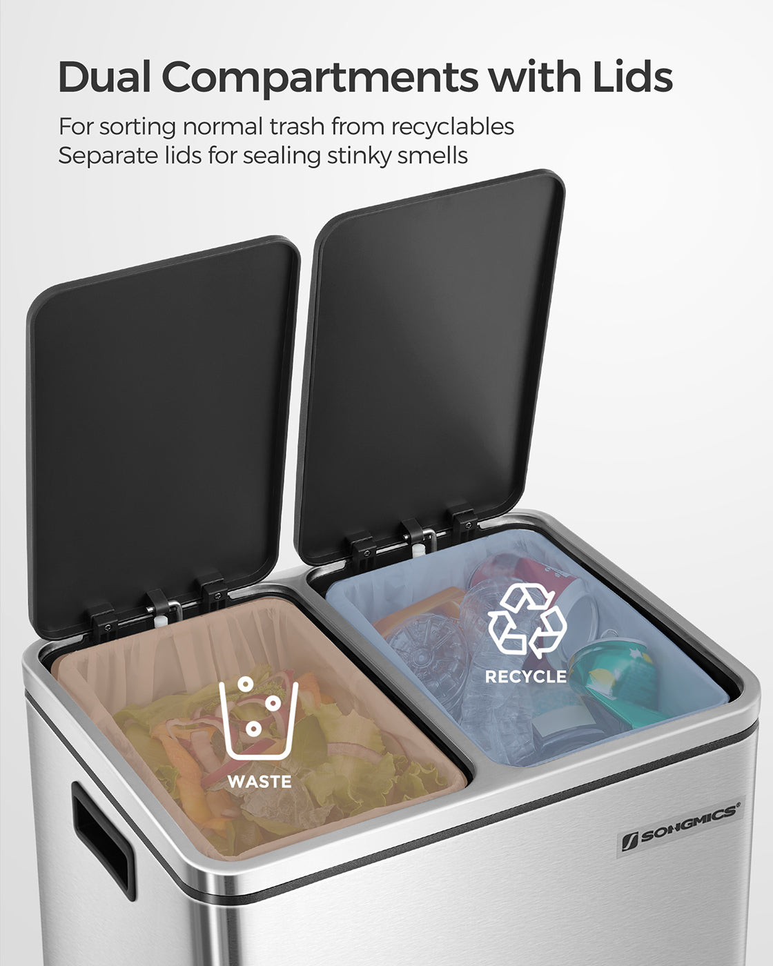 Recycle Bin Trash Can – Stainless Steel – 30L Total Capacity – Dual Inner Bins for Easy Sorting