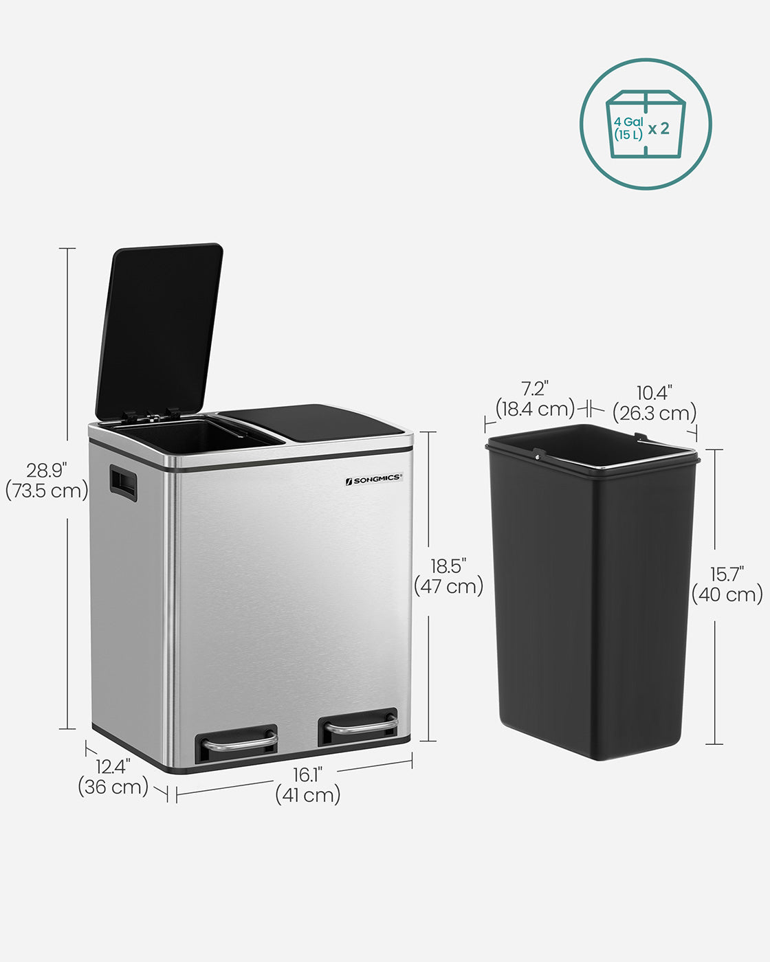 Recycle Bin Trash Can – Stainless Steel – 30L Total Capacity – Dual Inner Bins for Easy Sorting