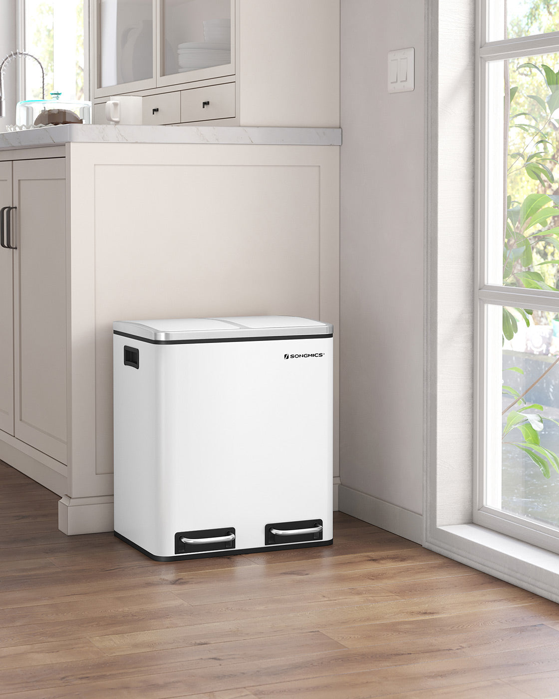 Dual Rubbish Bin – Stainless Steel – White – 30 L Capacity with Inner Classified Bins