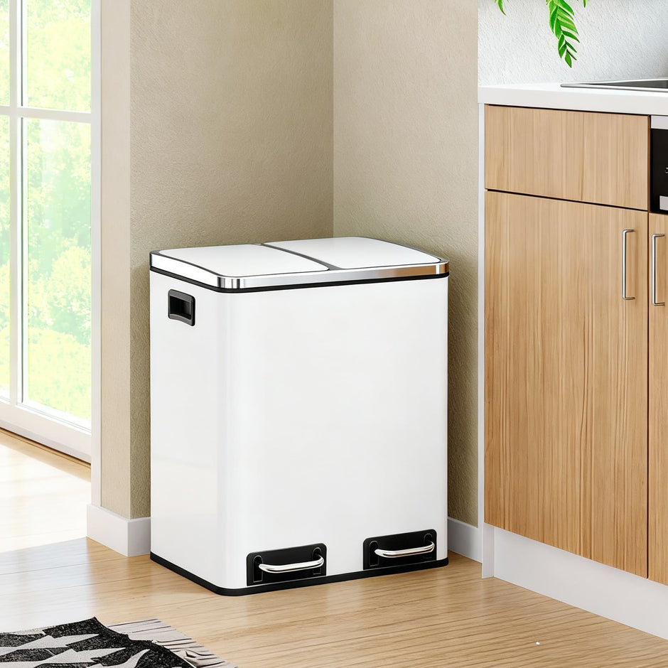 Double Kitchen Bin – Stainless Steel – Silver – Pedal Operation with Inner Classified Buckets