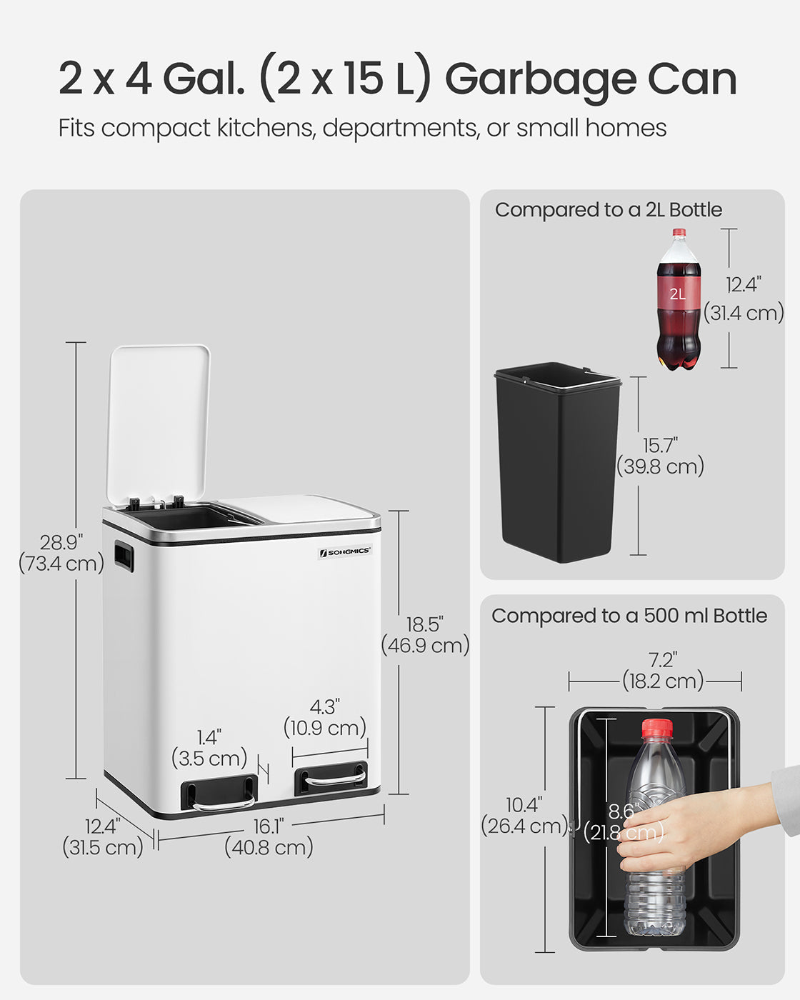 Dual Rubbish Bin – Stainless Steel – White – 30 L Capacity with Inner Classified Bins