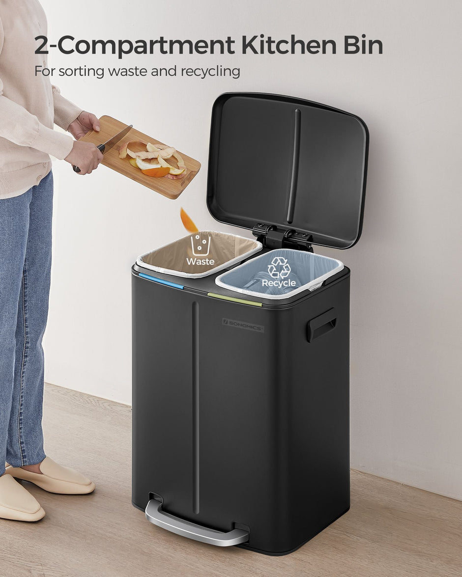 Metal Step Rubbish Bin – Black – Dual Compartment with Hinged Lid and Soft Closure