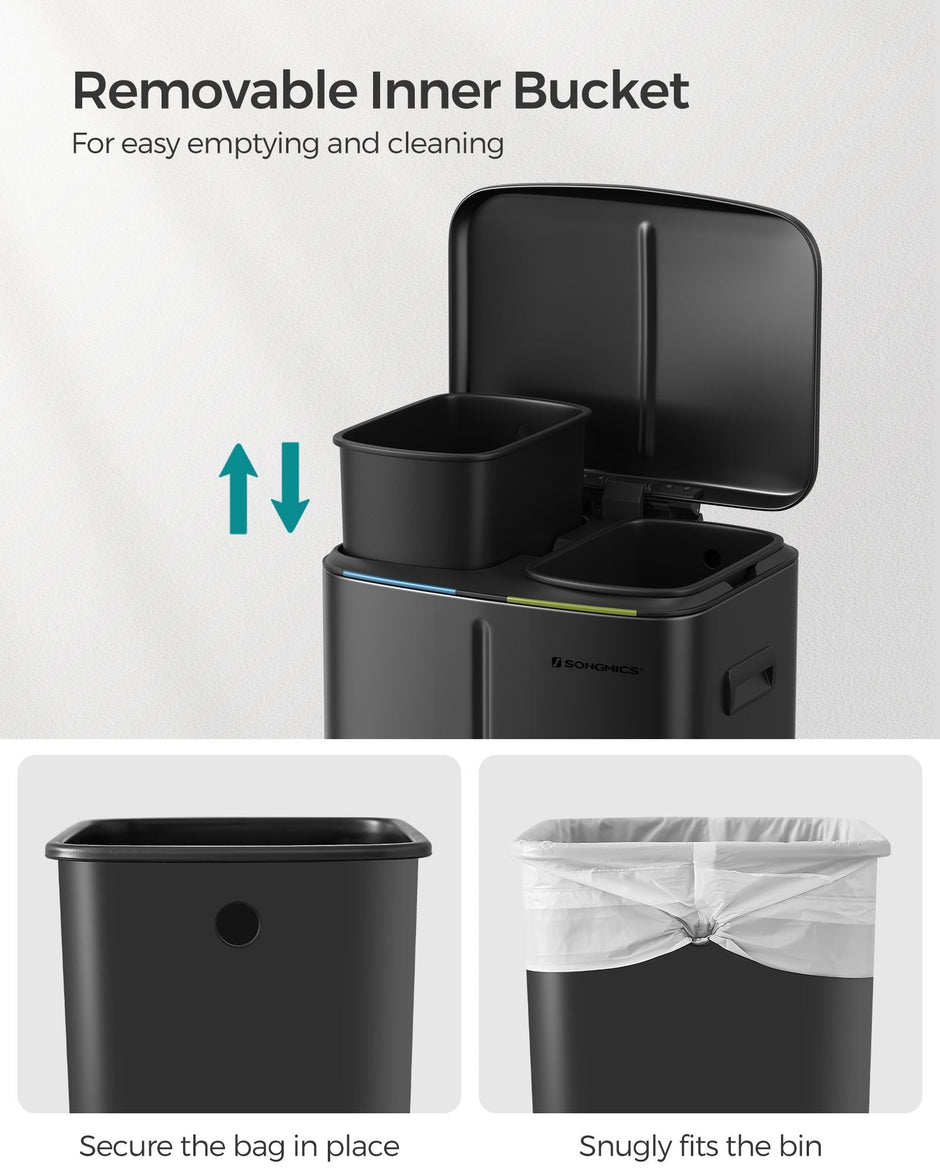 Metal Step Rubbish Bin – Black – Dual Compartment with Hinged Lid and Soft Closure