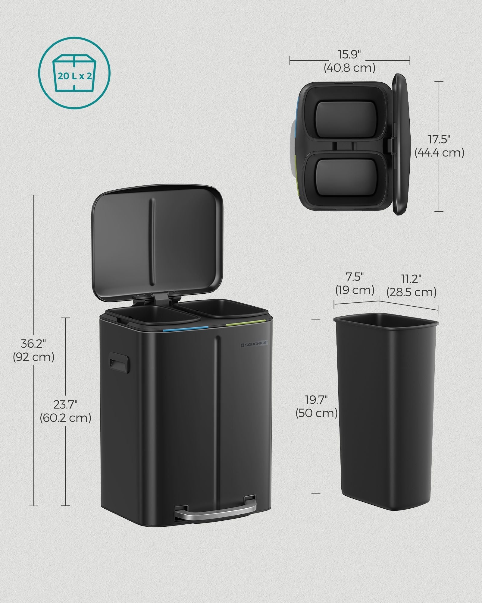 Metal Step Rubbish Bin – Black – Dual Compartment with Hinged Lid and Soft Closure