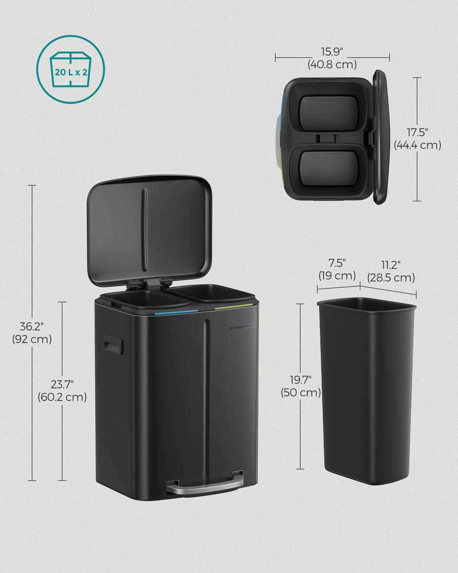 Metal Step Rubbish Bin – Black – Dual Compartment with Hinged Lid and Soft Closure