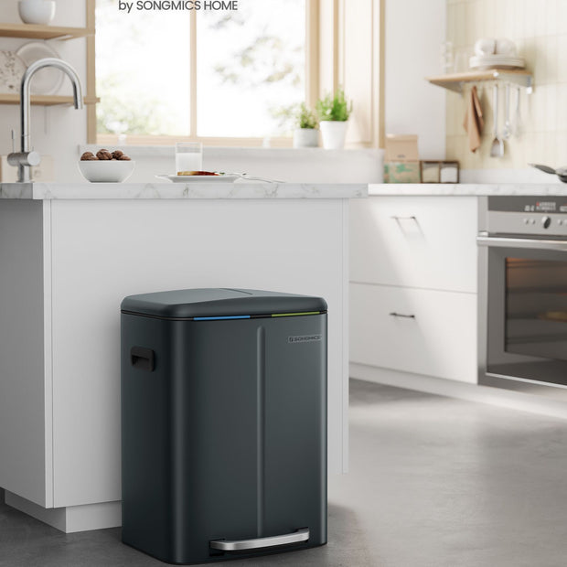Dual Compartment Trash Can – Metal – Greenish-Grey – Soft Closure, Airtight, 2 x 20L