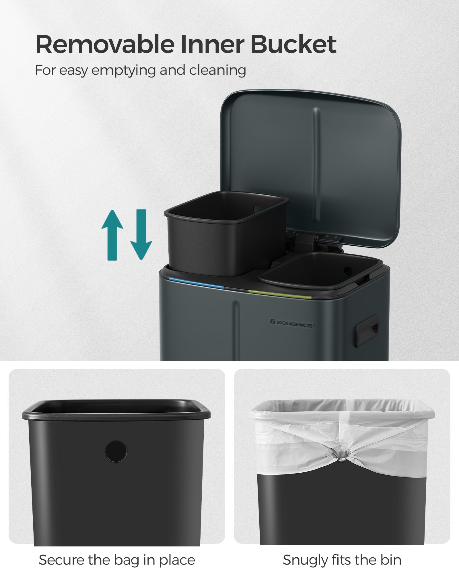 Dual Compartment Trash Can – Metal – Greenish-Grey – Soft Closure, Airtight, 2 x 20L