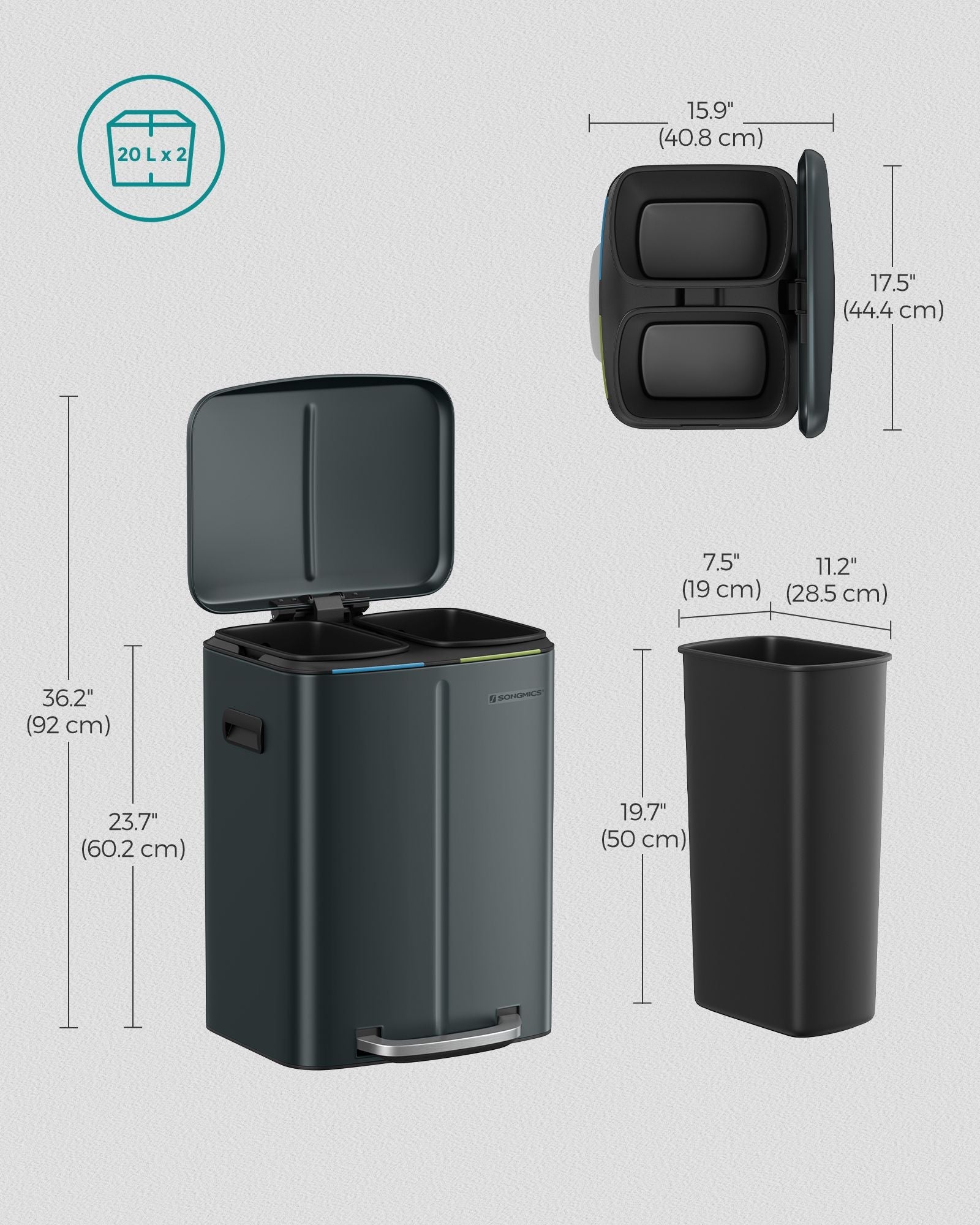 Dual Compartment Trash Can – Metal – Greenish-Grey – Soft Closure, Airtight, 2 x 20L