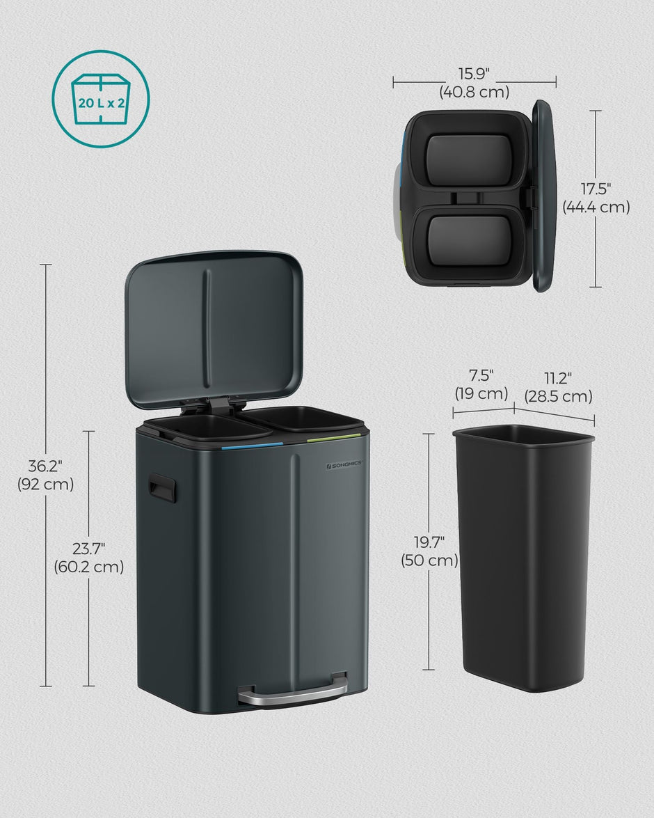 Dual Compartment Trash Can – Metal – Greenish-Grey – Soft Closure, Airtight, 2 x 20L