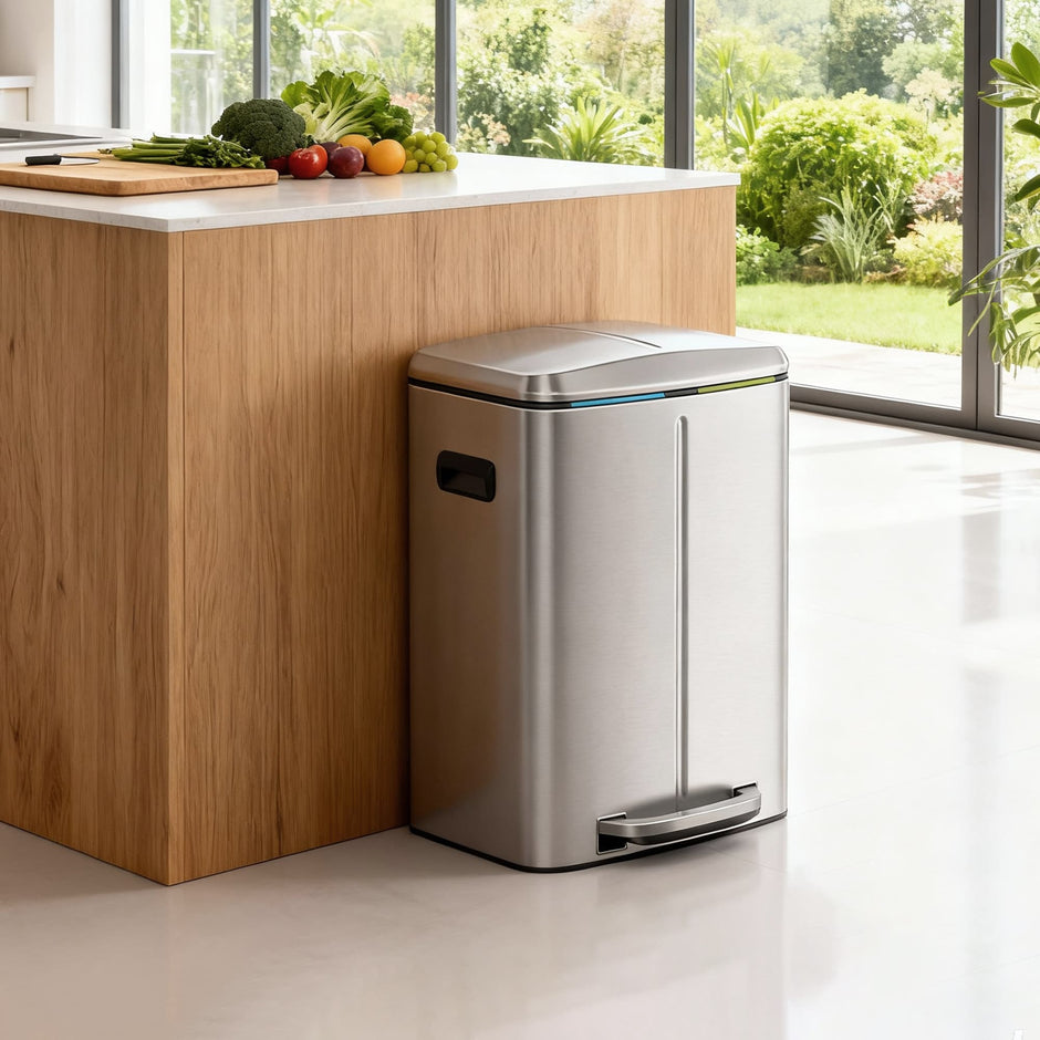 Kitchen Bin – Metal – White – Dual Compartment with Soft Close and Plastic Inner Buckets