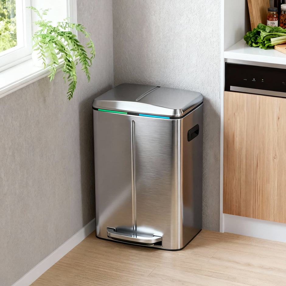 Kitchen Bin – Metal – White – Dual Compartment with Soft Close and Plastic Inner Buckets