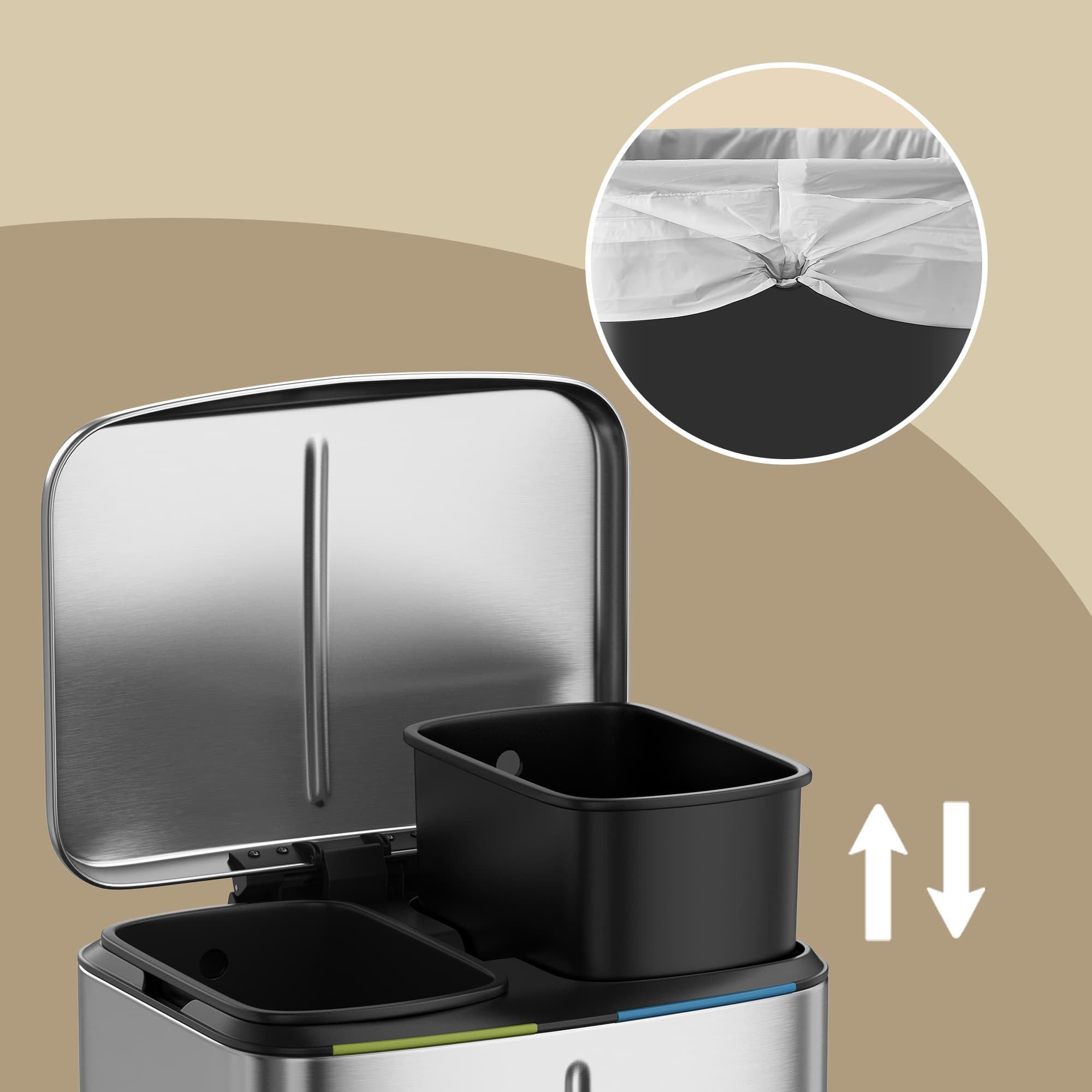 Kitchen Bin – Metal – White – Dual Compartment with Soft Close and Plastic Inner Buckets