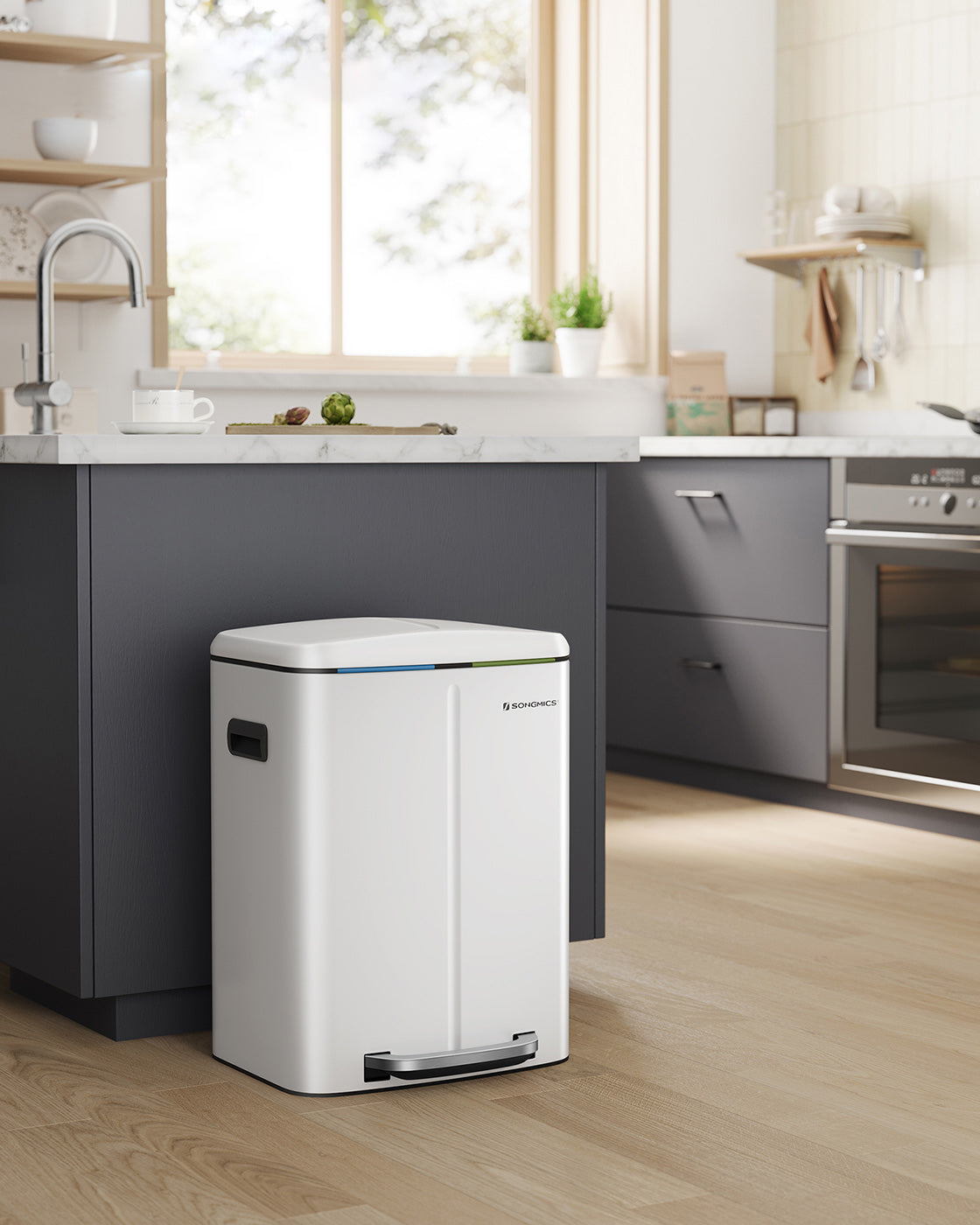 Dual Trash Can – Metal – White – Dual Compartments with Soft Closure and Airtight Design