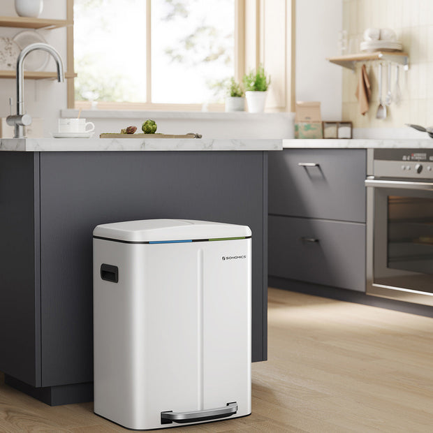 Dual Trash Can – Metal – White – Dual Compartments with Soft Closure and Airtight Design