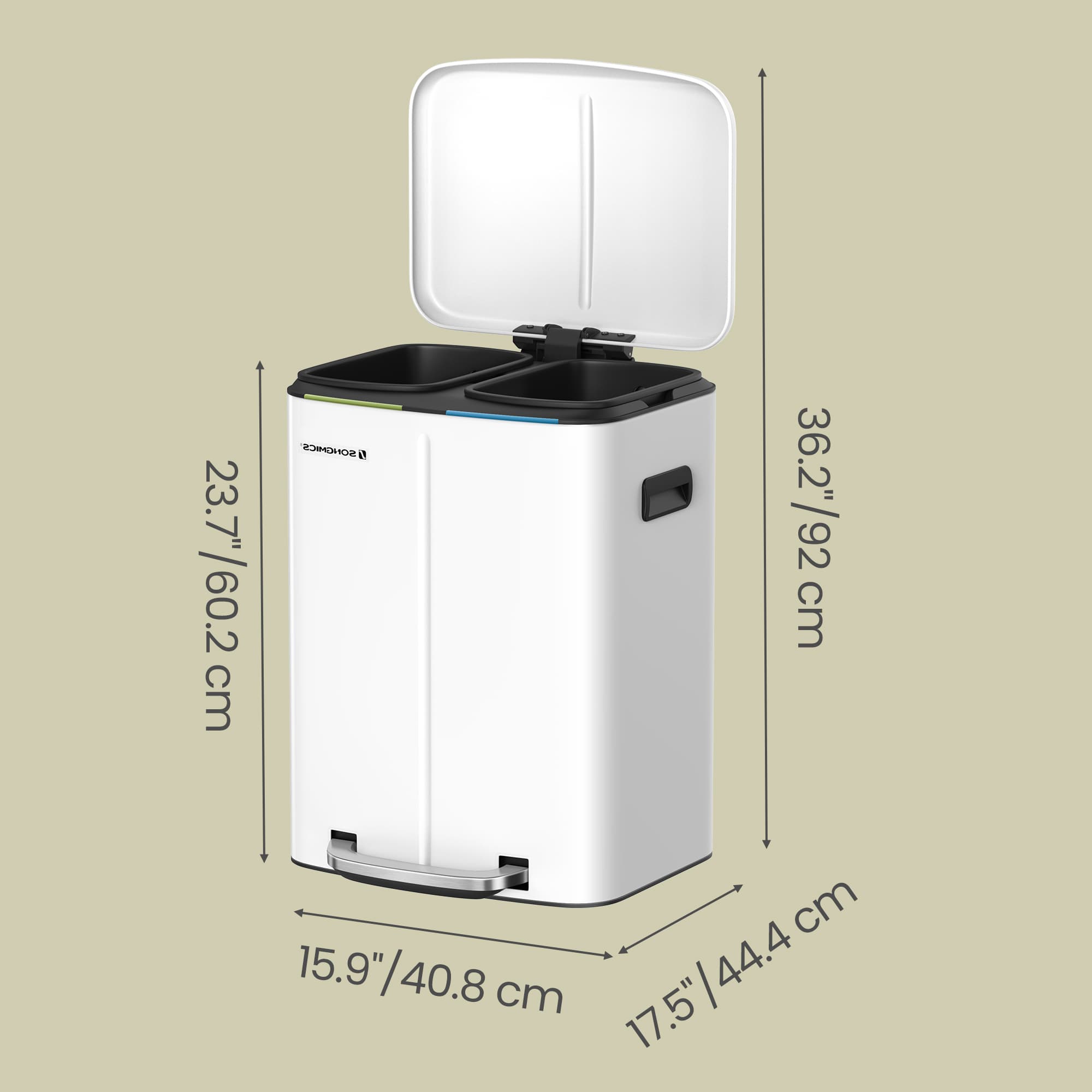 Kitchen Bin – Metal – White – Dual Compartment with Soft Close and Plastic Inner Buckets