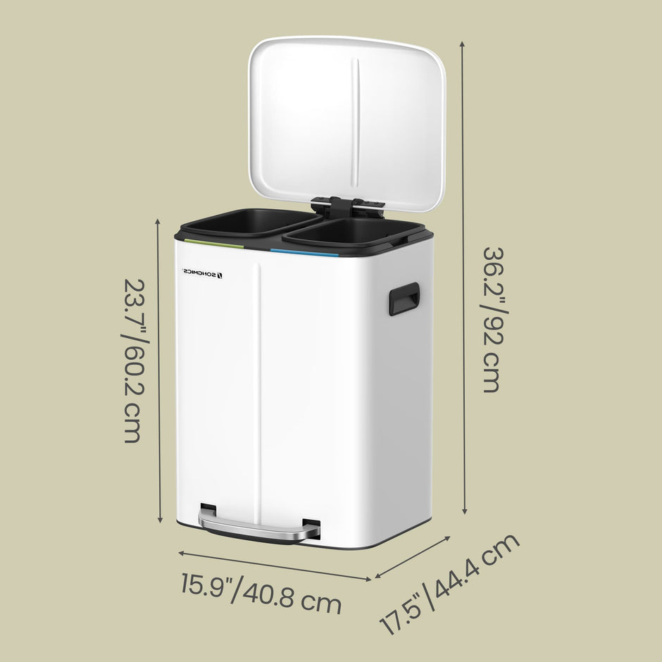 Kitchen Bin – Metal – White – Dual Compartment with Soft Close and Plastic Inner Buckets
