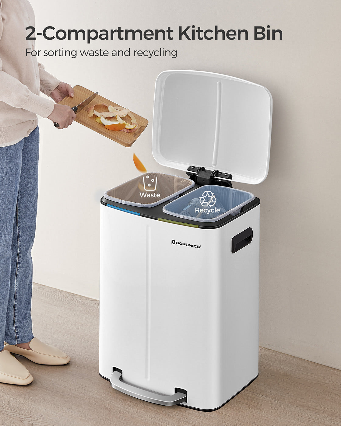 Dual Trash Can – Metal – White – Dual Compartments with Soft Closure and Airtight Design