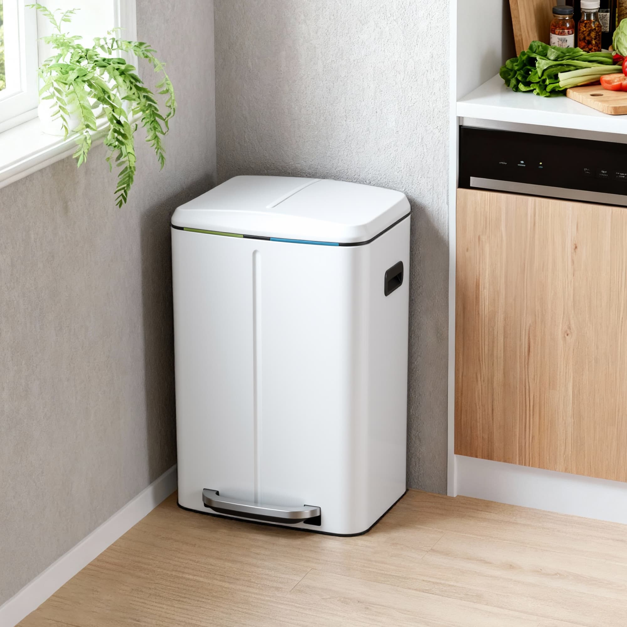 Kitchen Bin – Metal – White – Dual Compartment with Soft Close and Plastic Inner Buckets