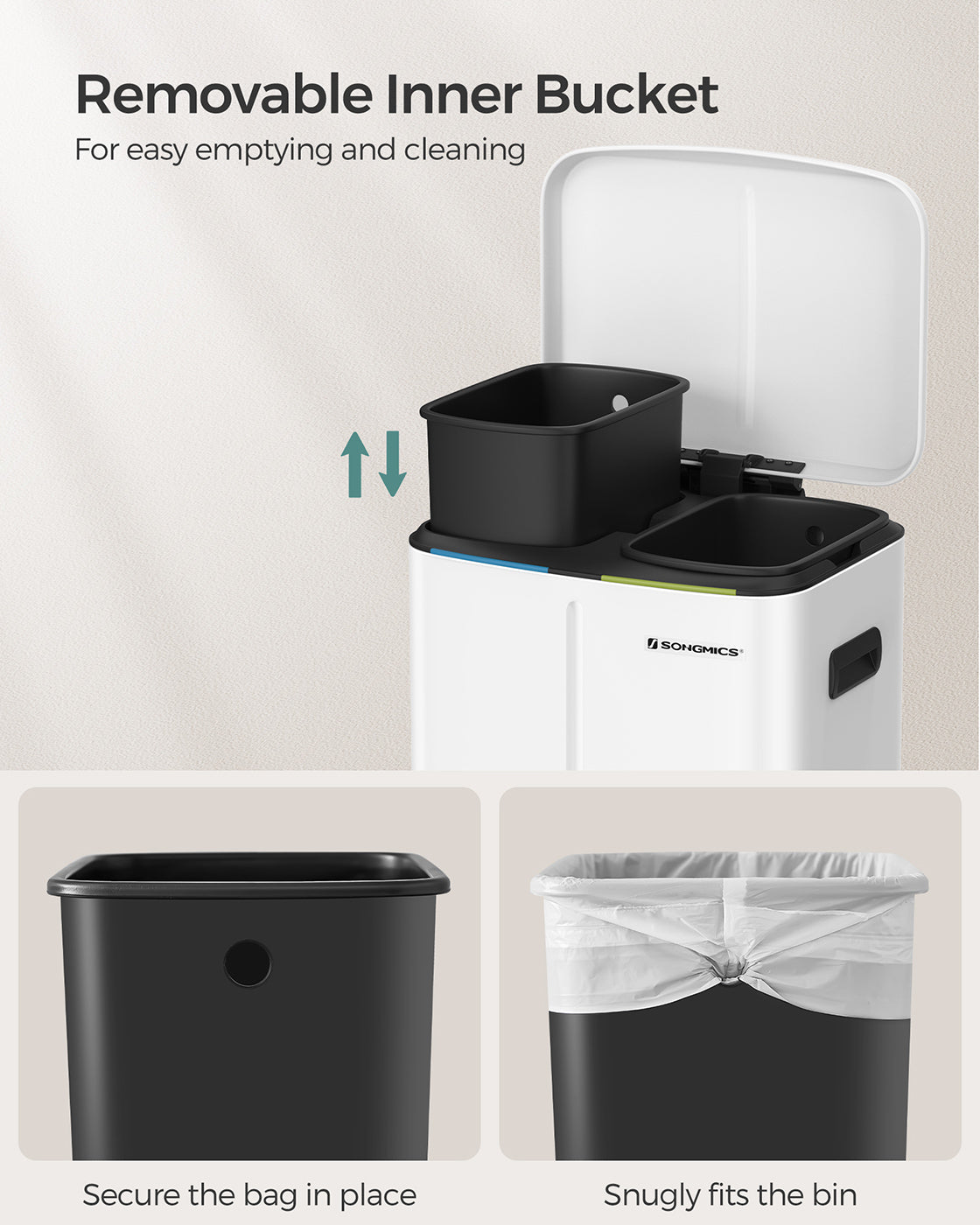 Dual Trash Can – Metal – White – Dual Compartments with Soft Closure and Airtight Design