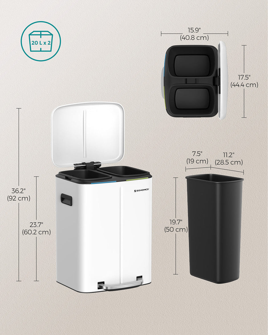 Dual Trash Can – Metal – White – Dual Compartments with Soft Closure and Airtight Design