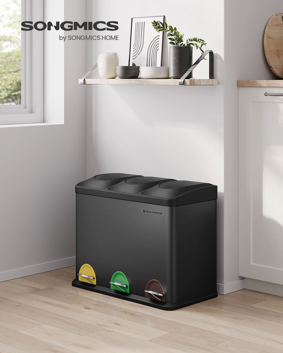 Kitchen Trash Can – Stainless Steel – Black – 45L Capacity with Waste Separation System