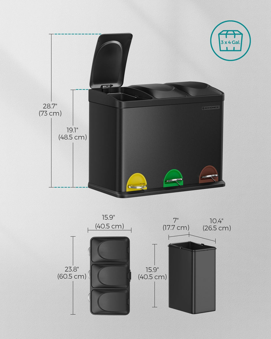Kitchen Trash Can – Stainless Steel – Black – 45L Capacity with Waste Separation System