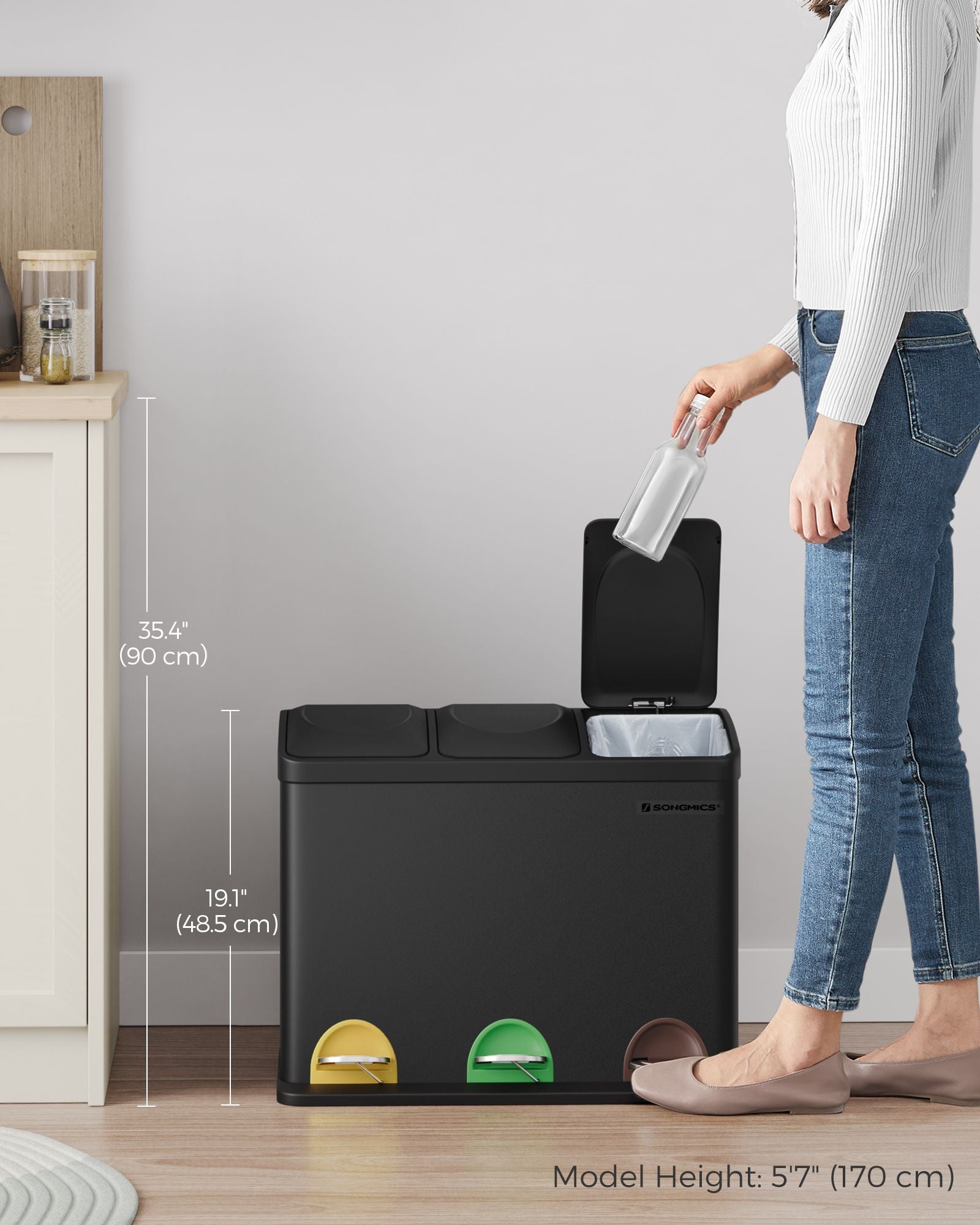 Kitchen Trash Can – Stainless Steel – Black – 45L Capacity with Waste Separation System