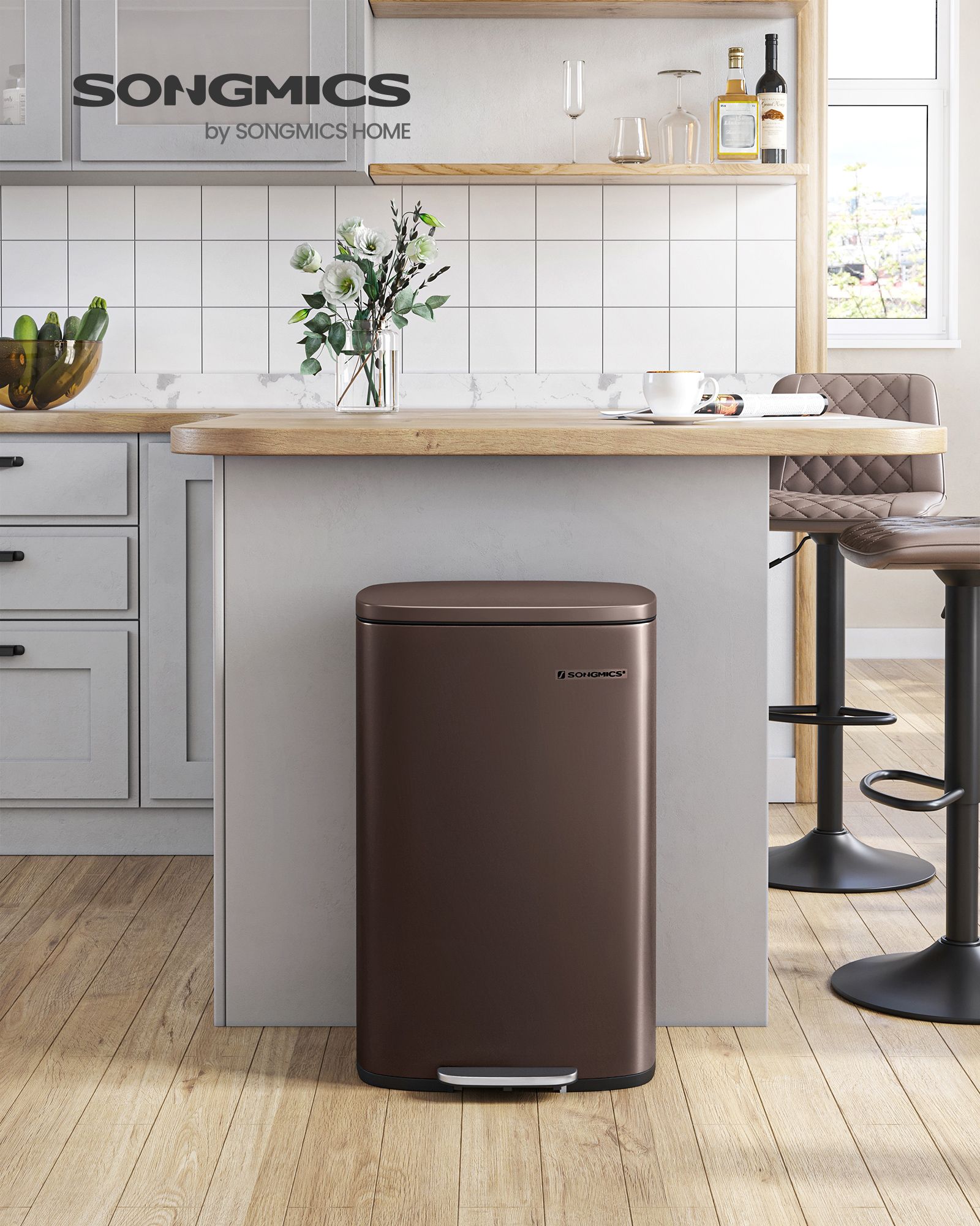 Steel Pedal Kitchen Bin – 50L Capacity – Walnut Brown – Soft Close Lid