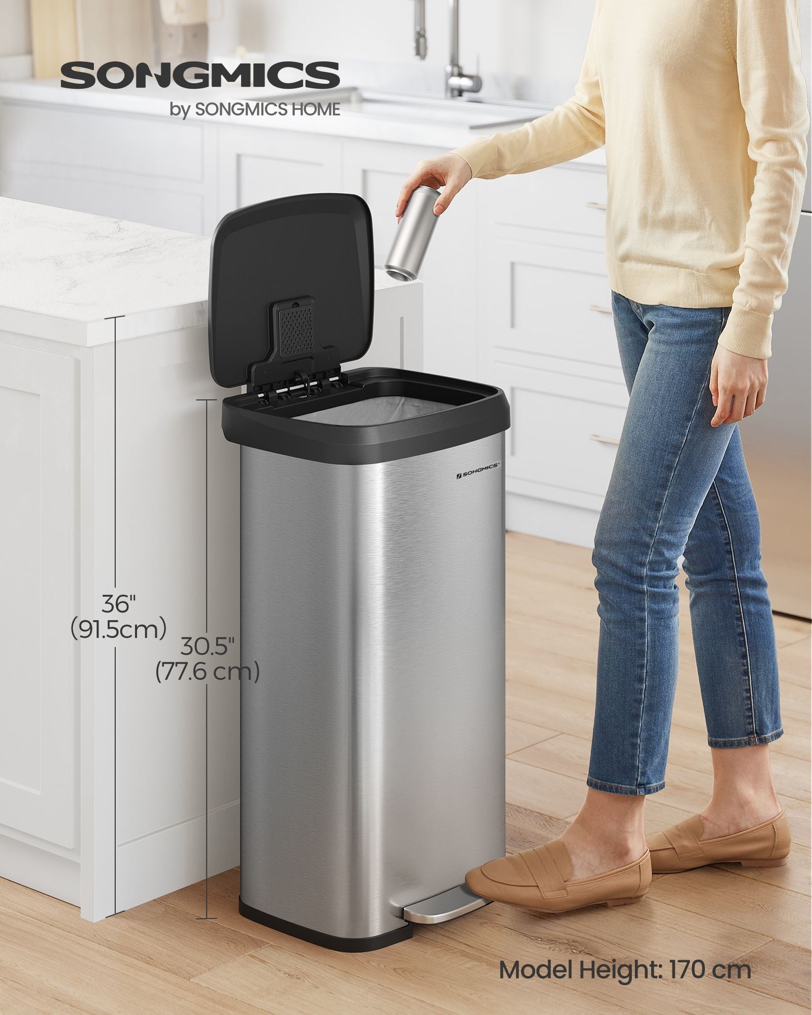 Metal Waste Pedal Bin – 68L – Silver – Tall with Lid