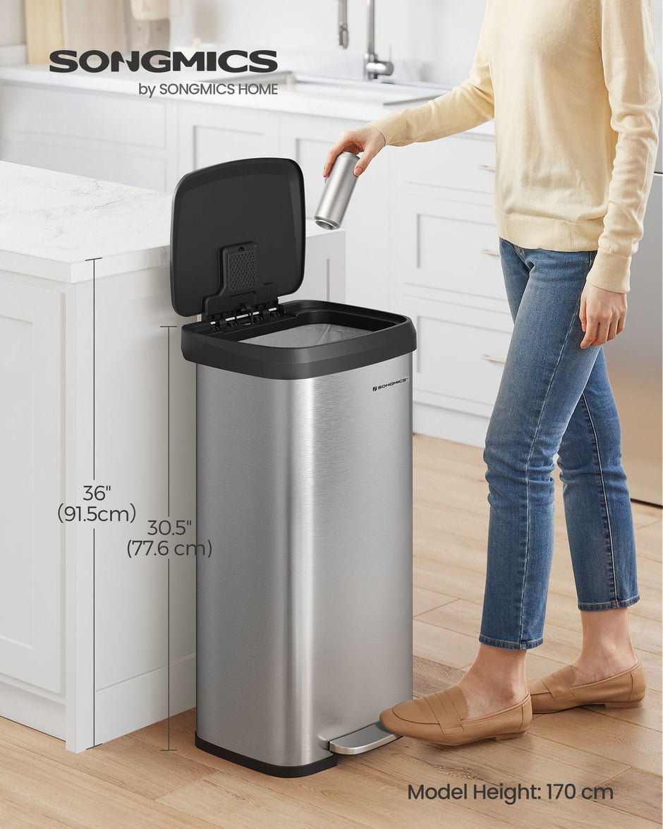 Metal Waste Pedal Bin – 68L – Silver – Tall with Lid