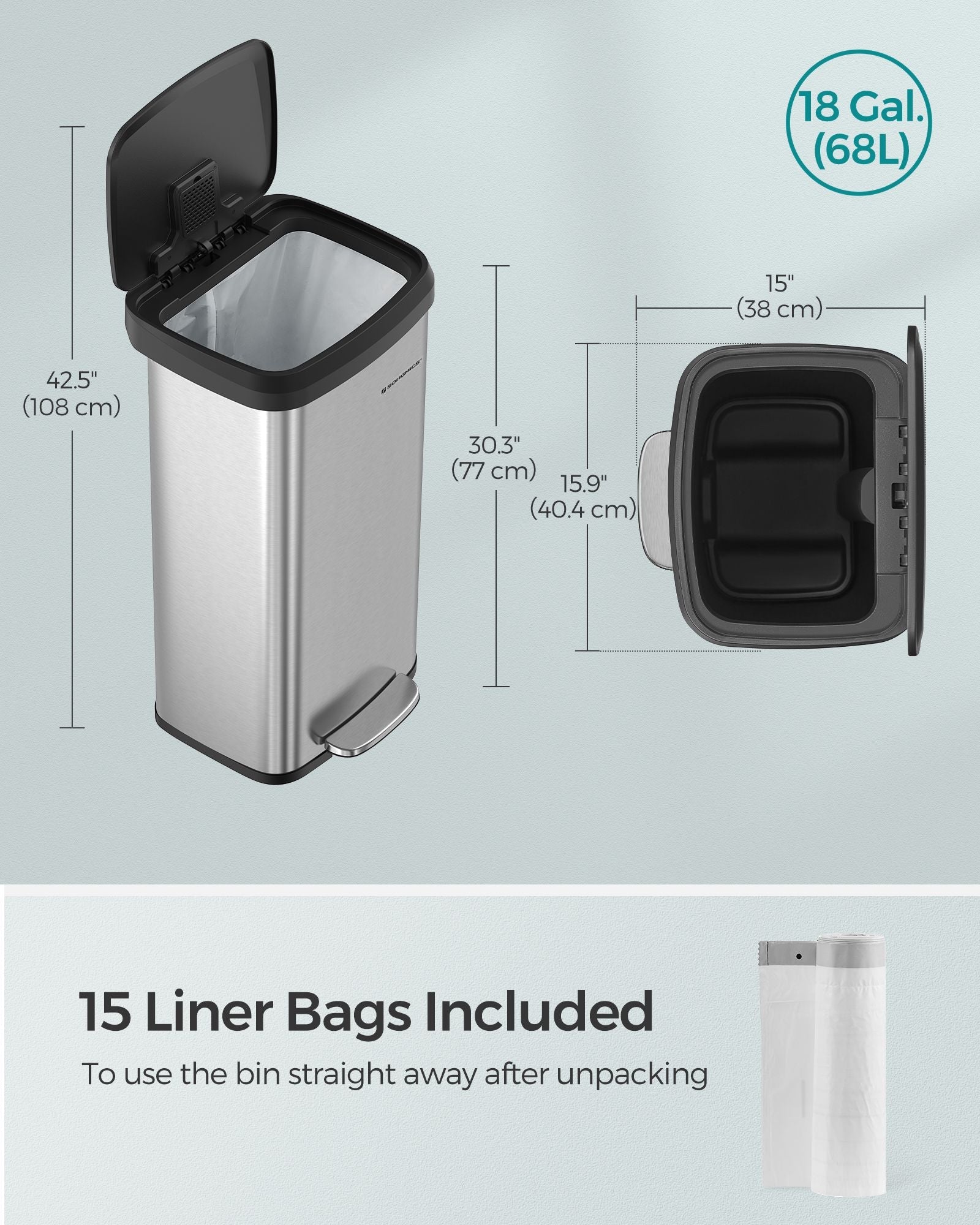 Metal Waste Pedal Bin – 68L – Silver – Tall with Lid