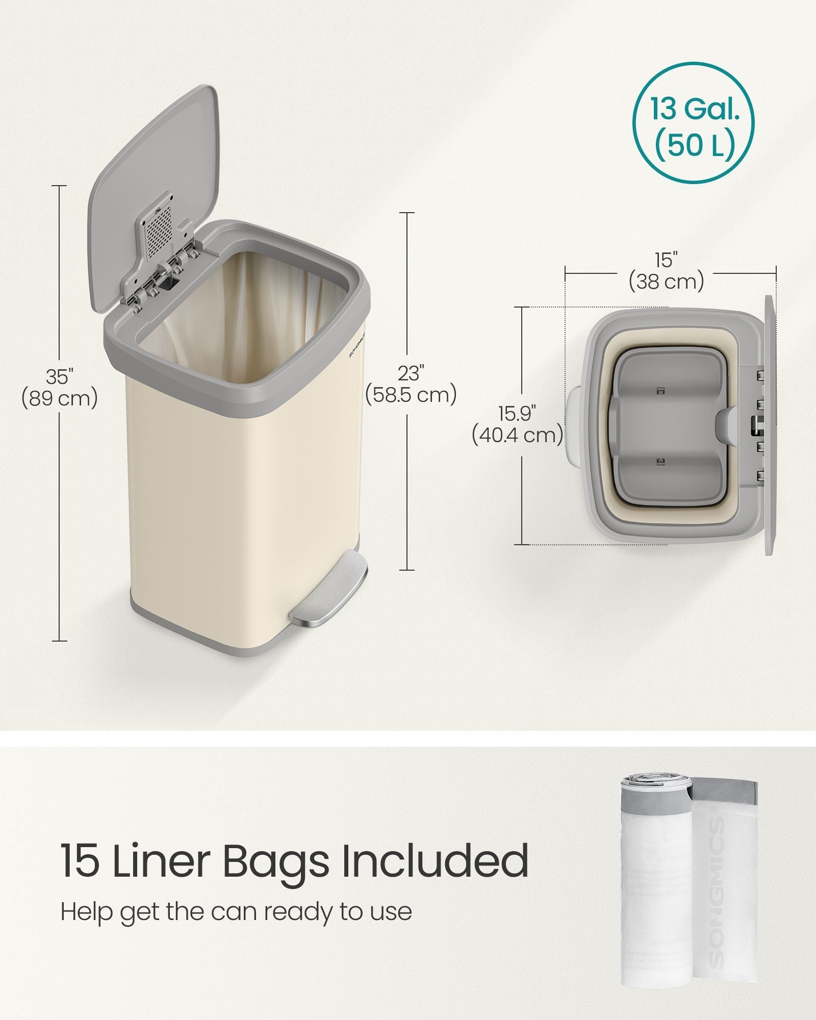 Metal Waste Pedal Bin – Metal – Sand Beige and Dove Grey – 68L Capacity with Lid
